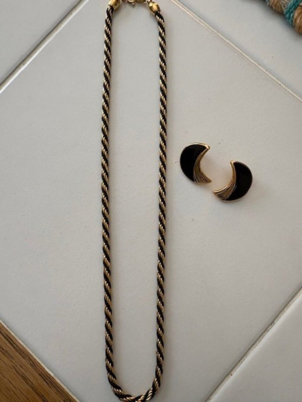 Gold and Black Rope Necklace and Stud Earrings